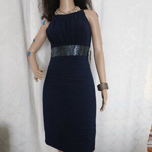 **JS Boutique New York Navy Blue Sleeveless Midi Dress with Sequin Waistband**